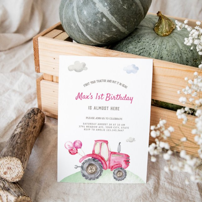 Pink Tractor Birthday Invitation (Creator Uploaded)