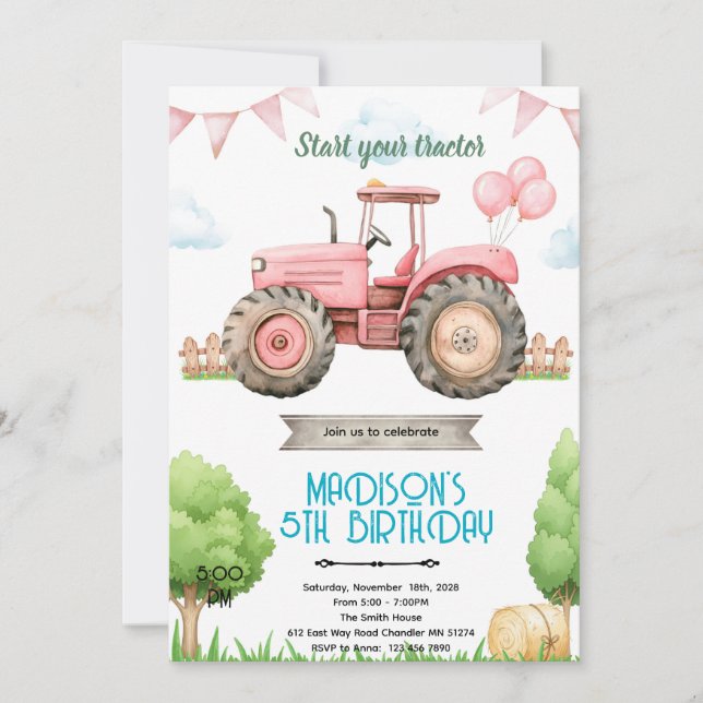 Pink tractor birthday party invitation (Front)