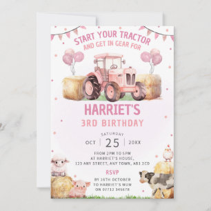 Pink Tractor Birthday Party Invitation Farm Theme