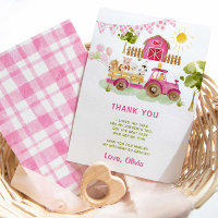 Pink tractor farm animals birthday thank you