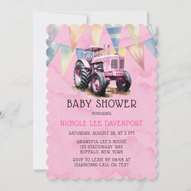 Pink Tractor Flag Watercolor Girl Baby Shower Invitation (Front)
