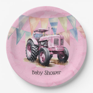 Pink Tractor Flag Watercolor Girl Baby Shower Paper Plate