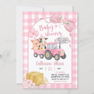 Pink Tractor Gingham Coquette Farm Baby Shower Invitation
