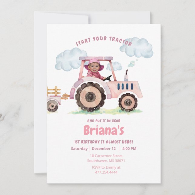 Pink Tractor Girl Any Age Birthday Photo Invitation (Front)