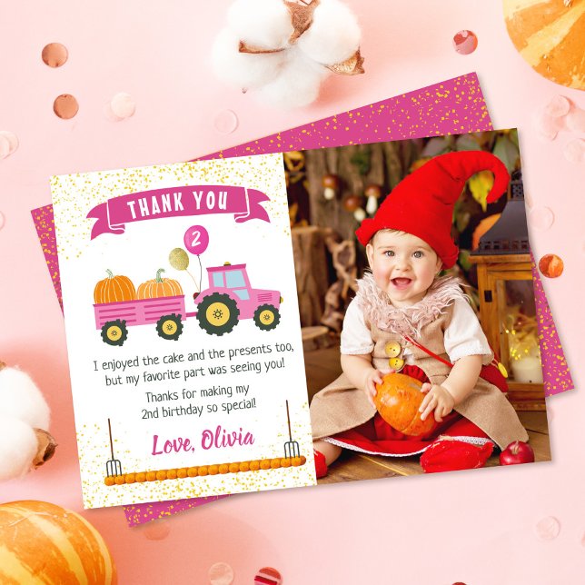 Pink Tractor Pumpkin Autumn Birthday Photo Thank You Card (Creator Uploaded)