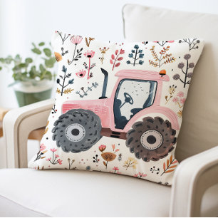 Pink Tractor with Floral Pattern, Farmhouse Style Cushion