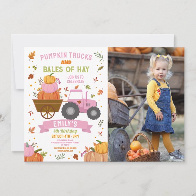 Pink Tractors Pumpkin Birthday Harvest Party Photo Invitation (Front)