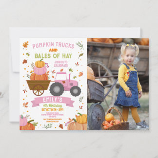 Pink Tractors Pumpkin Birthday Harvest Party Photo Invitation