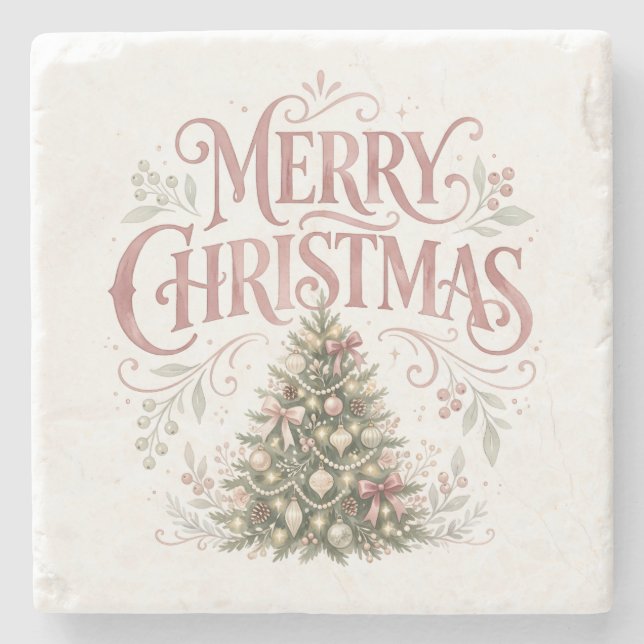Pink Traditional Christmas Tree | Pinkmas Stone Coaster (Front)