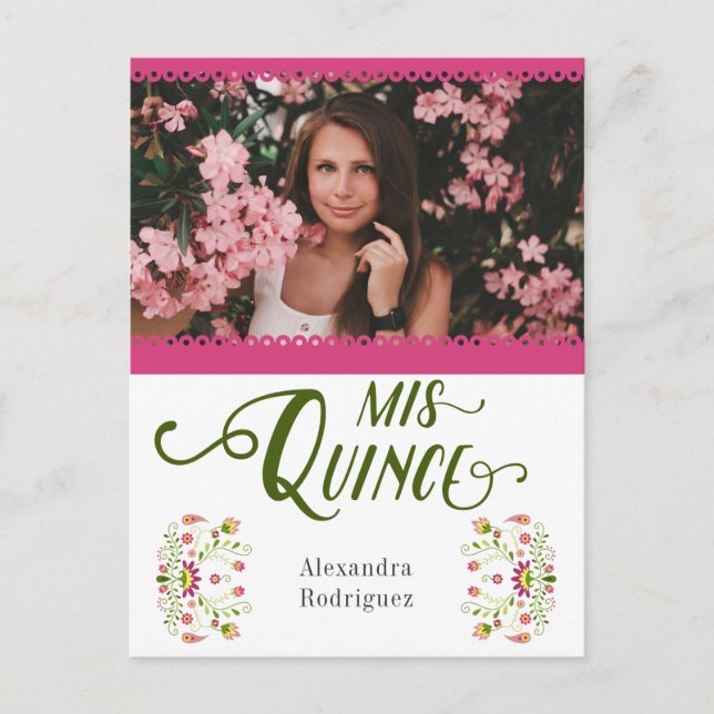 Pink Traditional Mexican Floral Photo Quinceanera Invitation Postcard (Front)