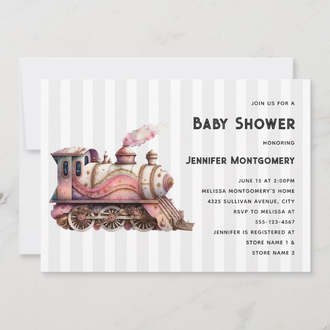 Pink Train Engine Vintage Steampunk Baby Shower Invitation (Front)