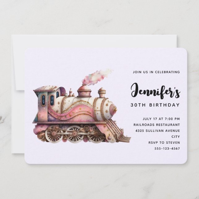 Pink Train Engine Vintage Steampunk Style Birthday Invitation (Front)