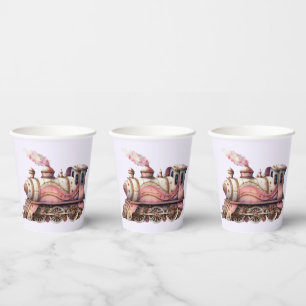 Pink Train Engine Vintage Steampunk Style Paper Cups