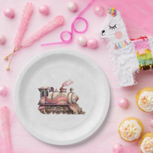 Pink Train Engine Vintage Steampunk Style Paper Plate