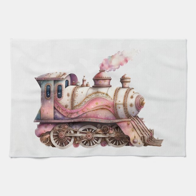 Pink Train Engine Vintage Steampunk Style Tea Towel (Horizontal)