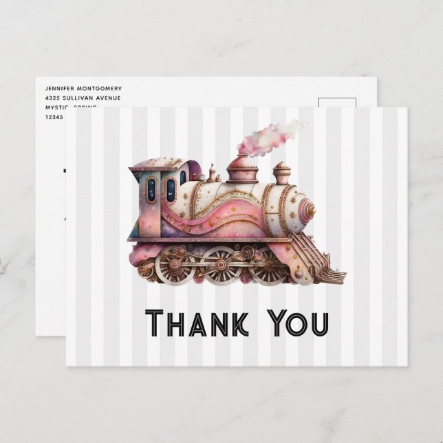 Pink Train Engine Vintage Steampunk Thank You Postcard (Front/Back)