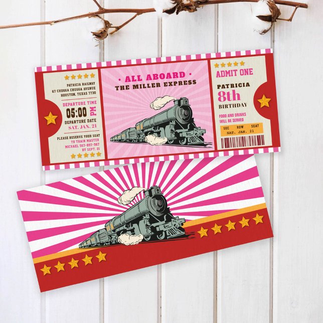 Pink Train Ticket Birthday Boarding Pass Invitation (Creator Uploaded)