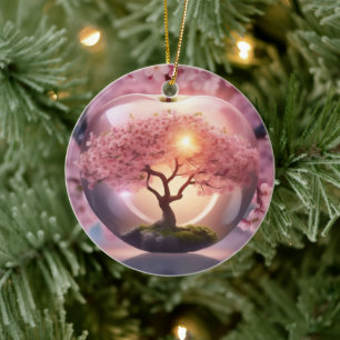 Pink Translucent Apple With Apple Tree Scene, Ceramic Tree Decoration