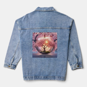 Pink Translucent Apple With Apple Tree Scene, Denim Jacket
