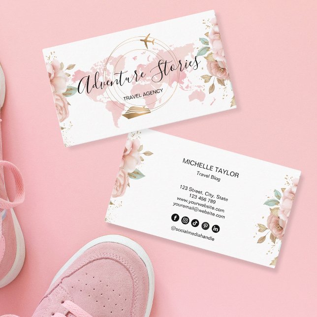 Pink Travel Agency Travel Blog Blue World Map  Business Card (Creator Uploaded)