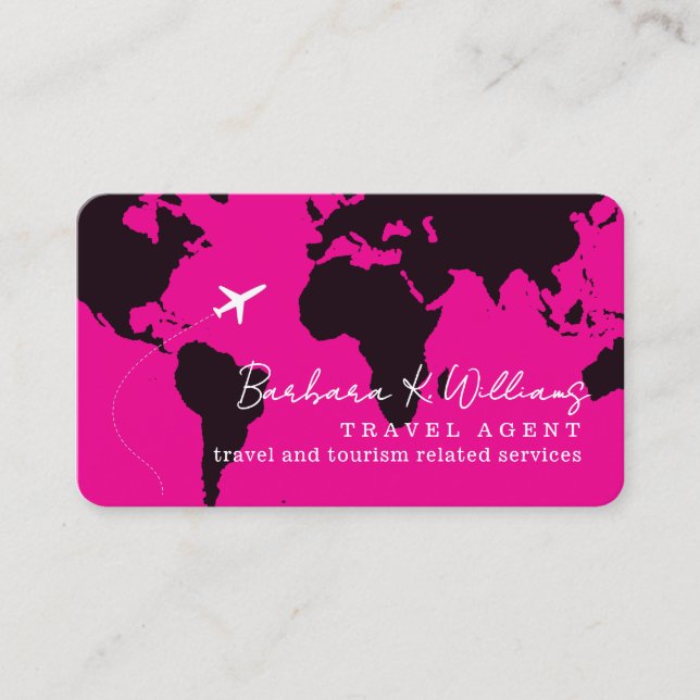 Pink Travel Agent Business Cards with World Map (Front)
