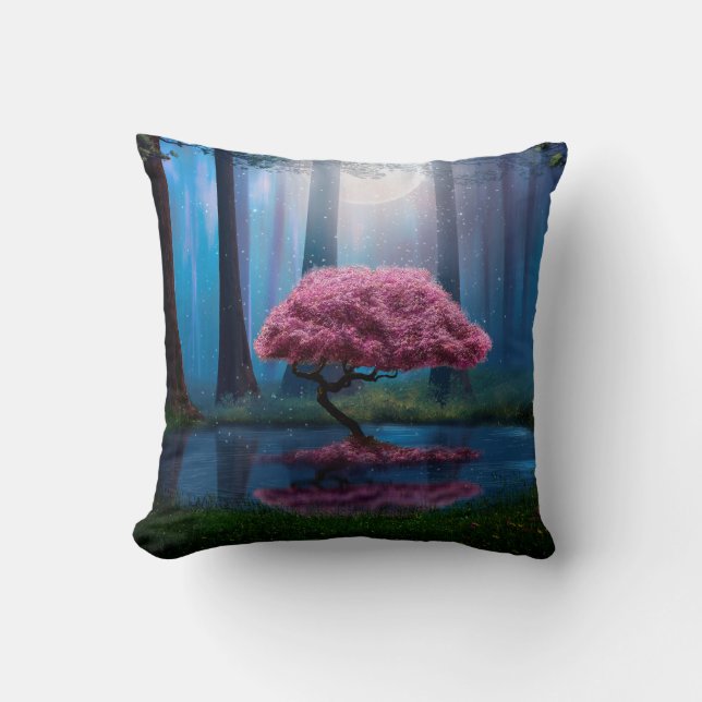 Pink tree and pond in the woods at night cushion (Front)