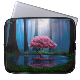 Pink tree and pond in the woods at night laptop sleeve