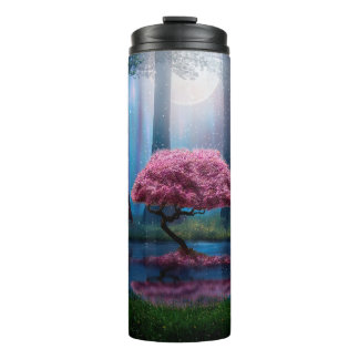 Pink tree and pond in the woods at night thermal tumbler