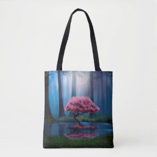 Pink tree and pond in the woods at night tote bag