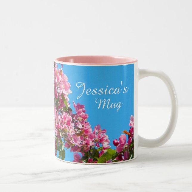 Pink Tree Blossom and Blue Sky Personalised Two-Tone Coffee Mug (Right)