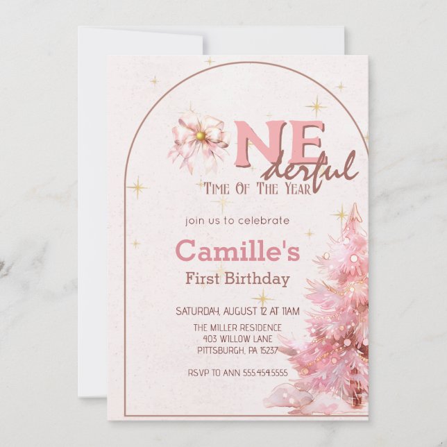 Pink tree christmas birthday Invitation (Front)