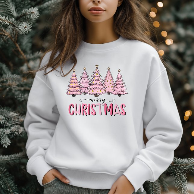 Pink Tree Christmas Winter Holiday Sweatshirt (Pink Christmas Trees Sweatshirt - Cute Holiday Fashion)