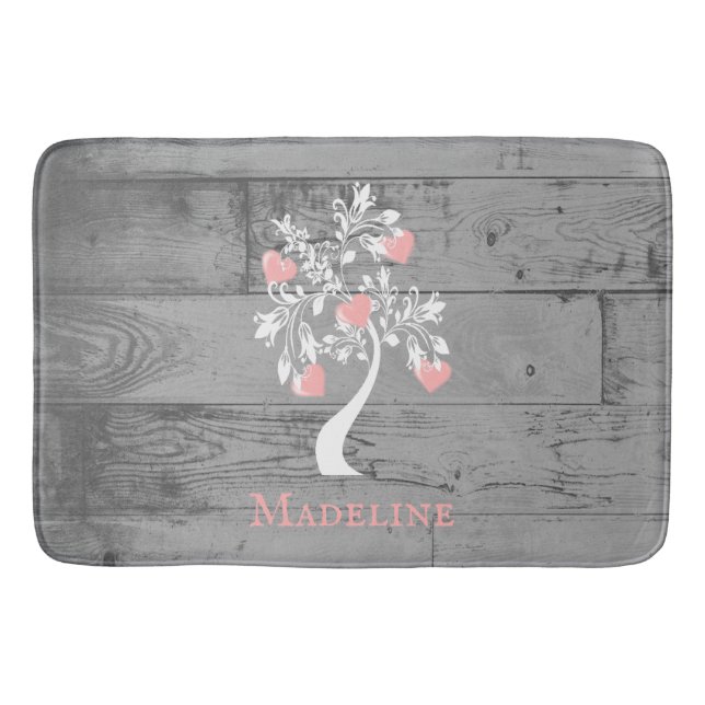 Pink Tree of Hearts Personalised Bath Mat (Front)