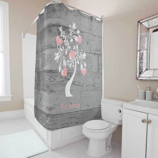 Pink Tree of Hearts Personalised Shower Curtain (In Situ)