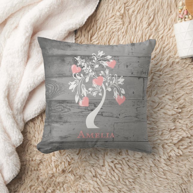 Pink Tree of Hearts Personalised Throw Pillow (Blanket)