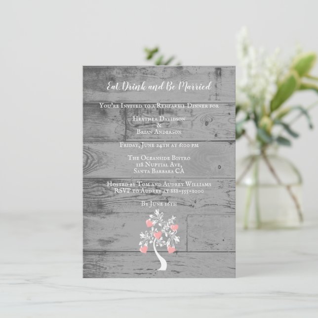 Pink Tree of Hearts Wedding Rehearsal Dinner Invitation (Standing Front)