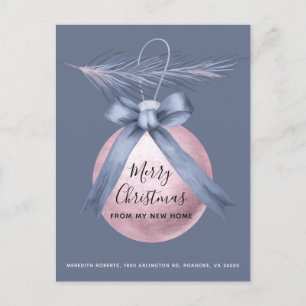 Pink Tree Ornament Dusty Blue Holiday Moving Announcement Postcard