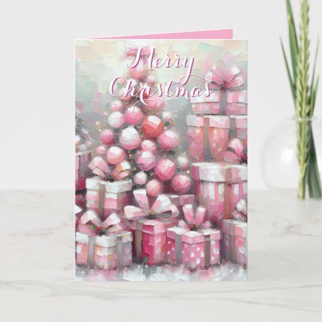 Pink Tree & Presents Personalised Christmas Card (Front)