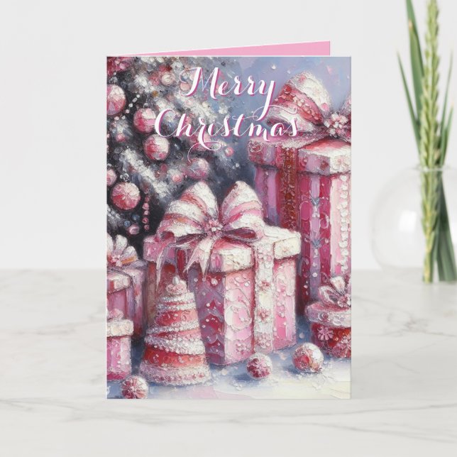 Pink Tree & Presents Personalised Christmas Card (Front)