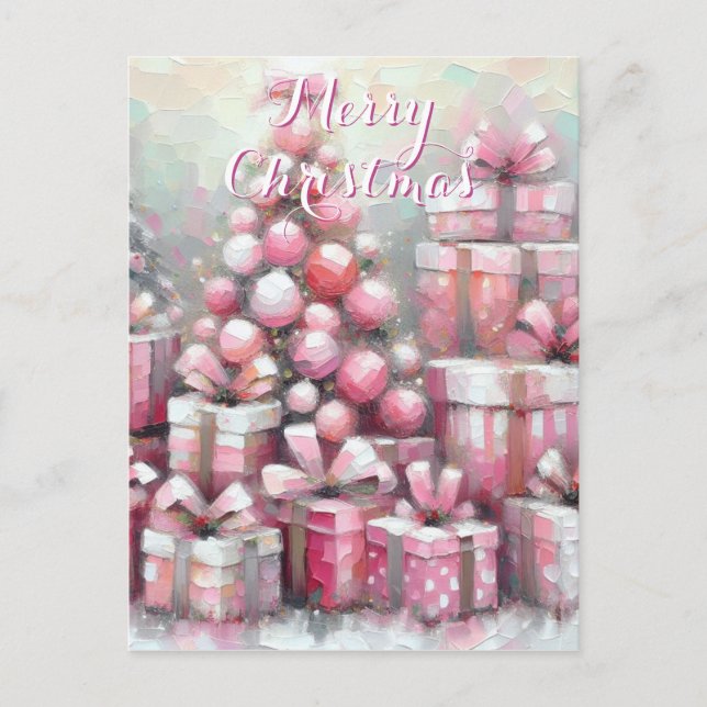 Pink Tree & Presents Personalised Christmas Postcard (Front)
