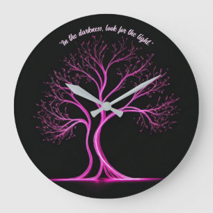 Pink Tree-Shaped Light Painting on Black  Large Clock
