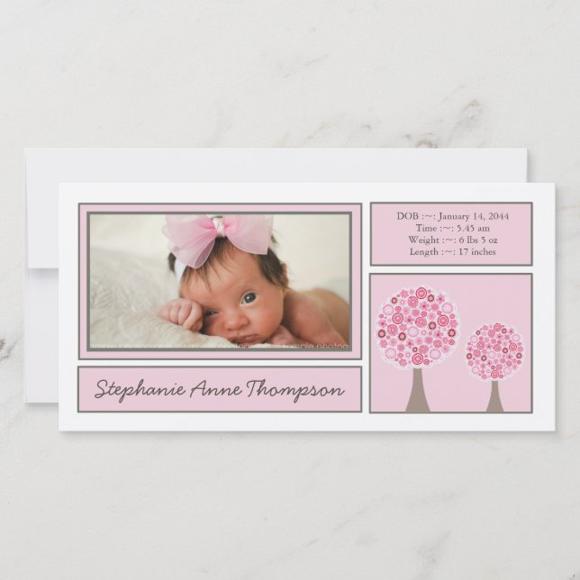 Pink Trees Baby Girl Birth Announcement PhotoCard (Front)
