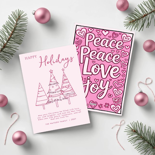 Pink Trees Hand Drawn Doodle Whimsy Christmas Holiday Card (Pink Trees Hand Drawn Doodle Whimsy Christmas Holiday Card)