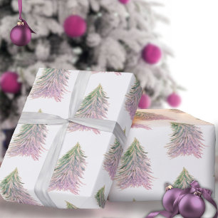 Pink Trees Watercolor Christmas Holiday  Wrapping Paper