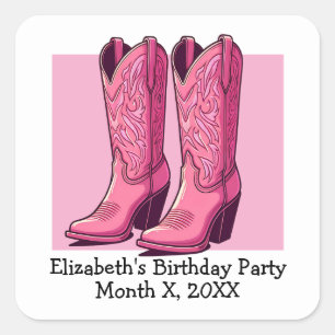Pink Trendy Cowgirl Boots Girl Birthday Party Square Sticker