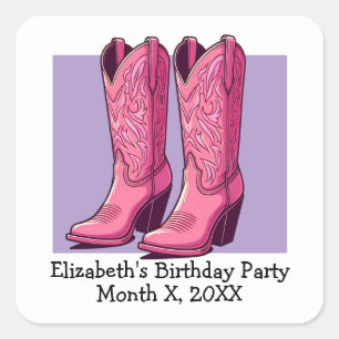 Pink Trendy Cowgirl Boots Girl Birthday Party Square Sticker