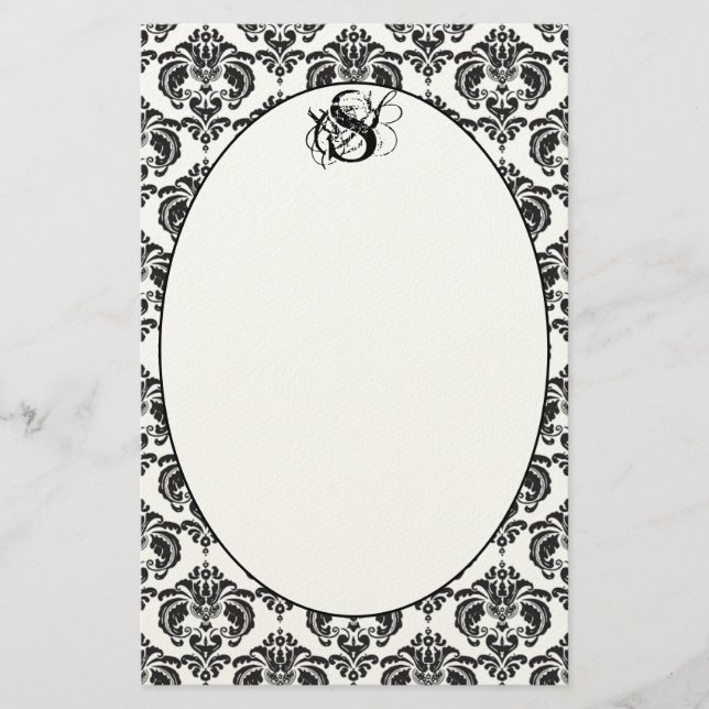 Pink Trim Black Damask Monogram Recycled Paper (Front)