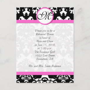 Pink Trim Black Damask Rehearsal Dinner Invitation Postcard