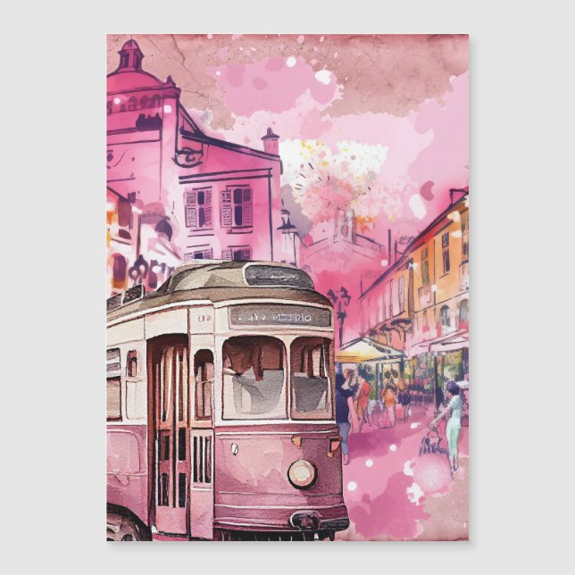 Pink Trolly Car Cityscape Illustration (Front)