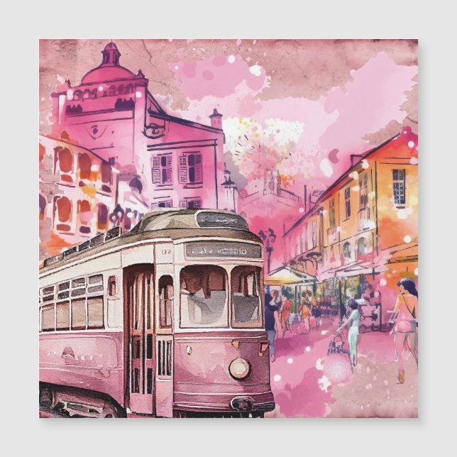 Pink Trolly Car Cityscape Illustration (Front)